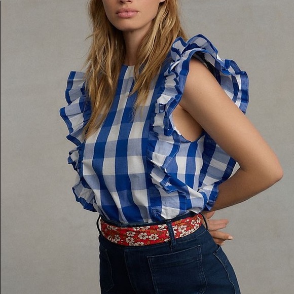 Anthropologie Tops - Anthropologie Blue Gingham Ruffle Sleeve Blouse Cottagecore Top Size Small
